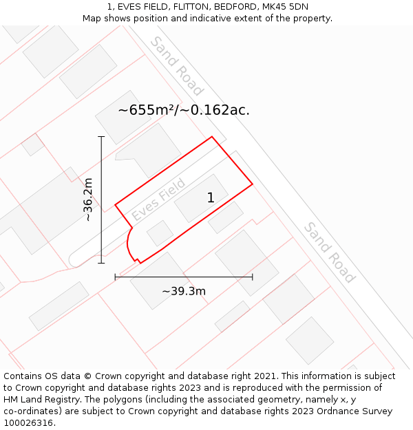 1, EVES FIELD, FLITTON, BEDFORD, MK45 5DN: Plot and title map