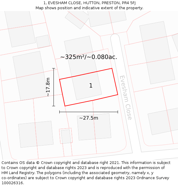 1, EVESHAM CLOSE, HUTTON, PRESTON, PR4 5FJ: Plot and title map