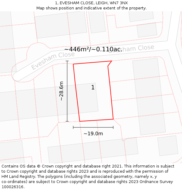 1, EVESHAM CLOSE, LEIGH, WN7 3NX: Plot and title map