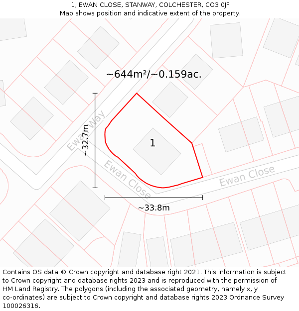 1, EWAN CLOSE, STANWAY, COLCHESTER, CO3 0JF: Plot and title map