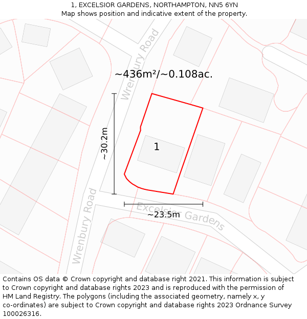 1, EXCELSIOR GARDENS, NORTHAMPTON, NN5 6YN: Plot and title map