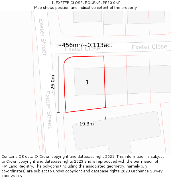 1, EXETER CLOSE, BOURNE, PE10 9NP: Plot and title map