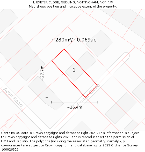 1, EXETER CLOSE, GEDLING, NOTTINGHAM, NG4 4JW: Plot and title map