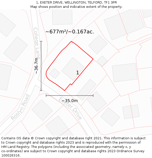 1, EXETER DRIVE, WELLINGTON, TELFORD, TF1 3PR: Plot and title map