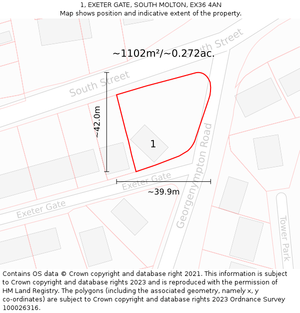 1, EXETER GATE, SOUTH MOLTON, EX36 4AN: Plot and title map