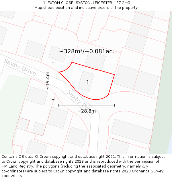 1, EXTON CLOSE, SYSTON, LEICESTER, LE7 2HG: Plot and title map