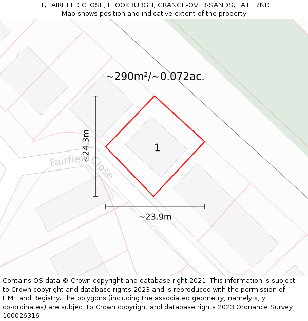 1, FAIRFIELD CLOSE, FLOOKBURGH, GRANGE-OVER-SANDS, LA11 7ND: Plot and title map