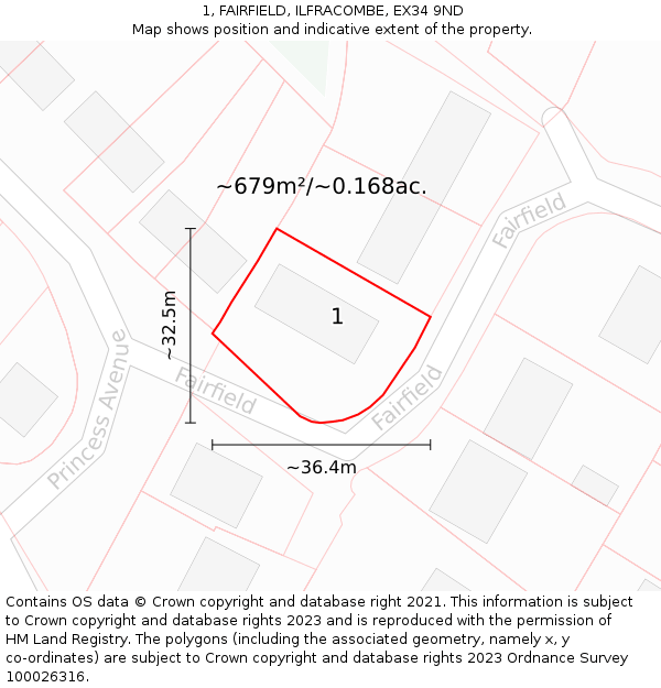 1, FAIRFIELD, ILFRACOMBE, EX34 9ND: Plot and title map