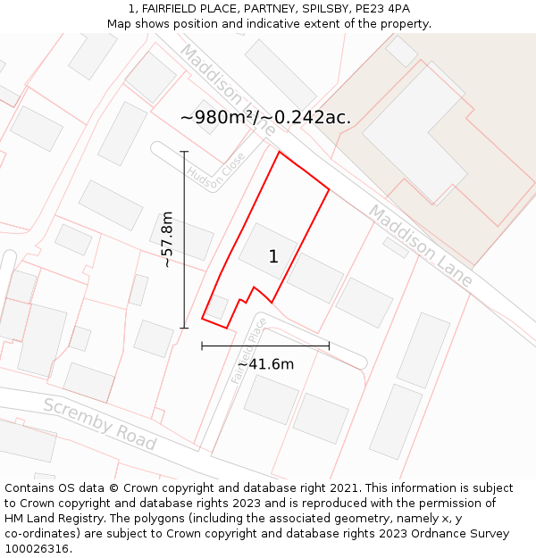 1, FAIRFIELD PLACE, PARTNEY, SPILSBY, PE23 4PA: Plot and title map