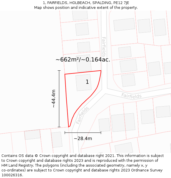 1, FAIRFIELDS, HOLBEACH, SPALDING, PE12 7JE: Plot and title map