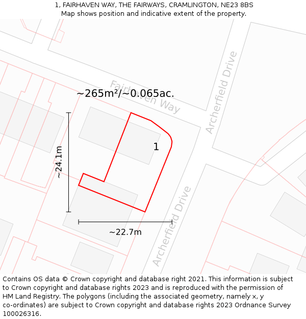 1, FAIRHAVEN WAY, THE FAIRWAYS, CRAMLINGTON, NE23 8BS: Plot and title map