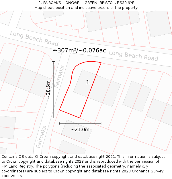 1, FAIROAKS, LONGWELL GREEN, BRISTOL, BS30 9YF: Plot and title map