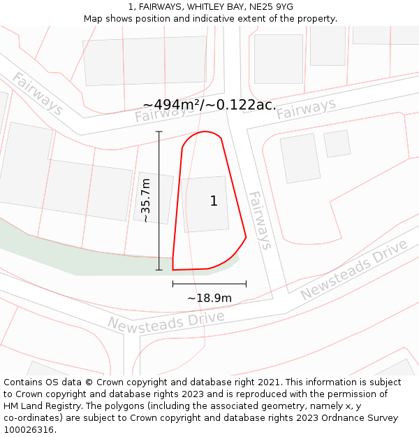 1, FAIRWAYS, WHITLEY BAY, NE25 9YG: Plot and title map