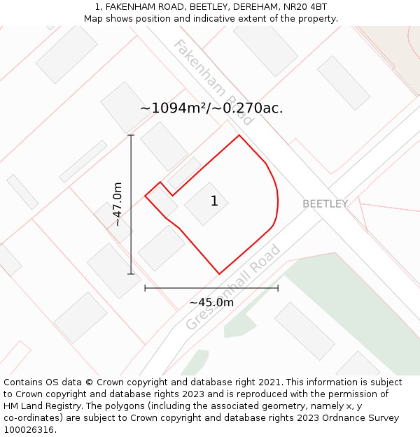 1, FAKENHAM ROAD, BEETLEY, DEREHAM, NR20 4BT: Plot and title map