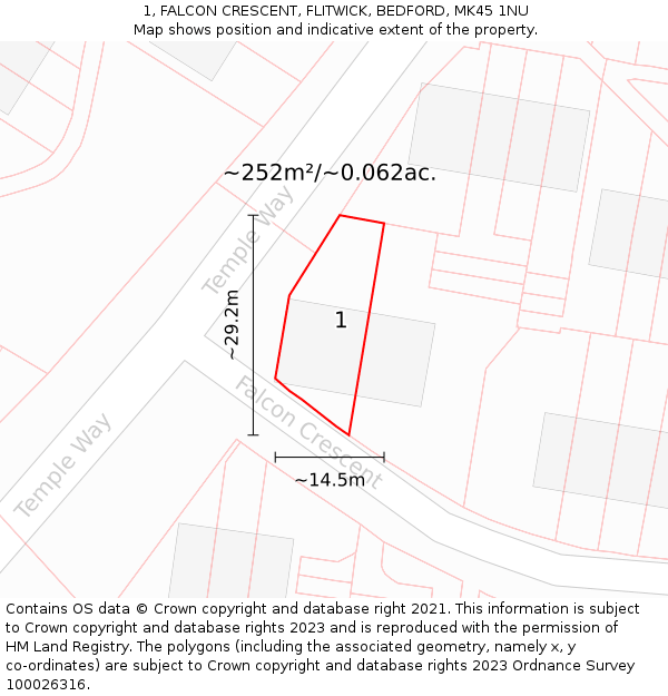 1, FALCON CRESCENT, FLITWICK, BEDFORD, MK45 1NU: Plot and title map