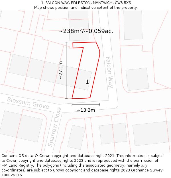 1, FALCON WAY, EDLESTON, NANTWICH, CW5 5XS: Plot and title map