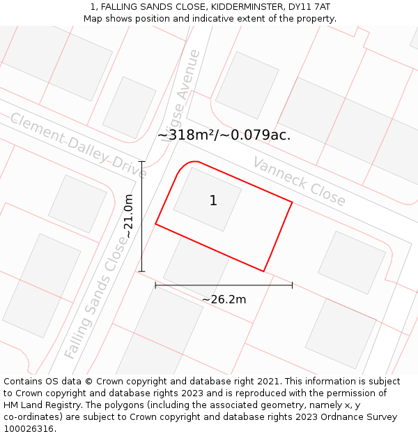 1, FALLING SANDS CLOSE, KIDDERMINSTER, DY11 7AT: Plot and title map