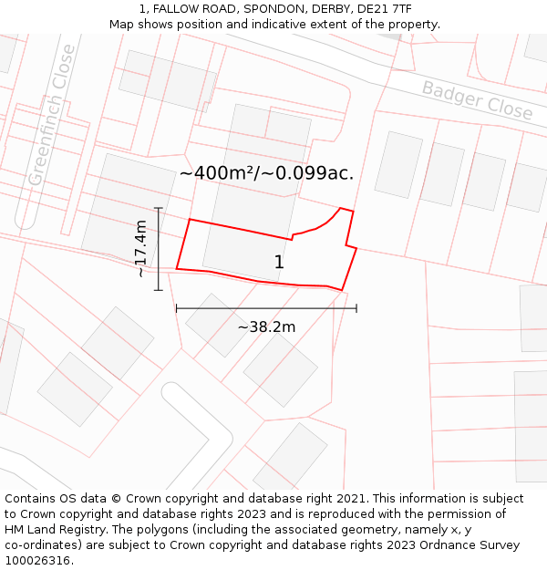 1, FALLOW ROAD, SPONDON, DERBY, DE21 7TF: Plot and title map