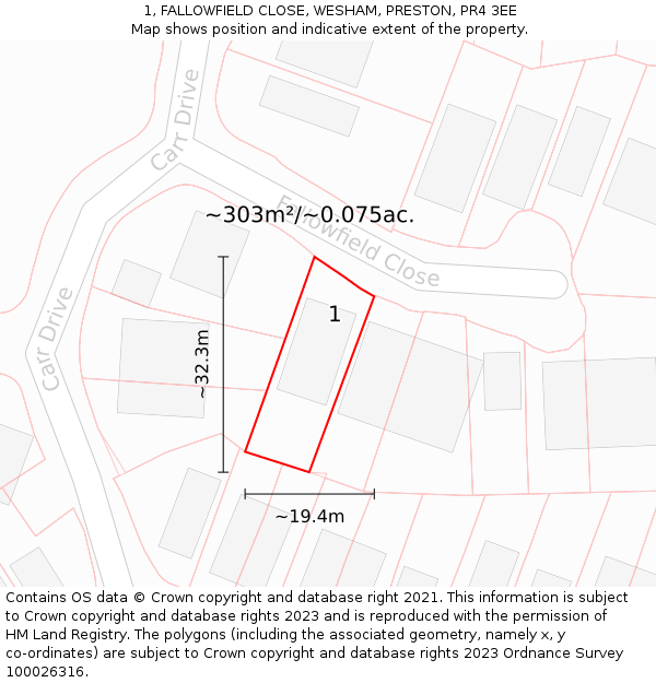 1, FALLOWFIELD CLOSE, WESHAM, PRESTON, PR4 3EE: Plot and title map