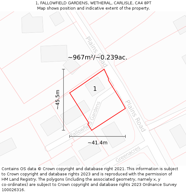 1, FALLOWFIELD GARDENS, WETHERAL, CARLISLE, CA4 8PT: Plot and title map