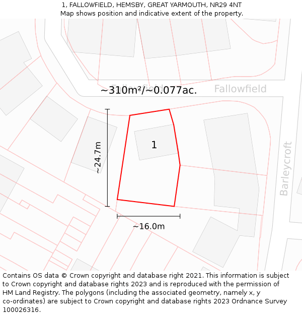 1, FALLOWFIELD, HEMSBY, GREAT YARMOUTH, NR29 4NT: Plot and title map