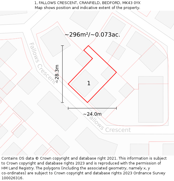 1, FALLOWS CRESCENT, CRANFIELD, BEDFORD, MK43 0YX: Plot and title map