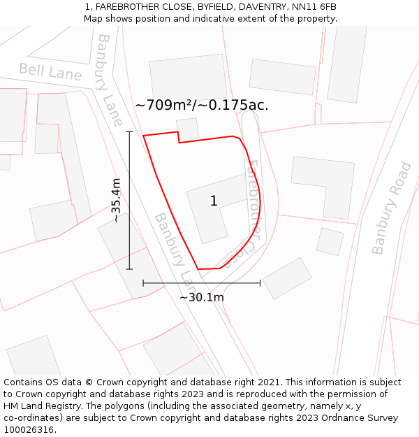 1, FAREBROTHER CLOSE, BYFIELD, DAVENTRY, NN11 6FB: Plot and title map