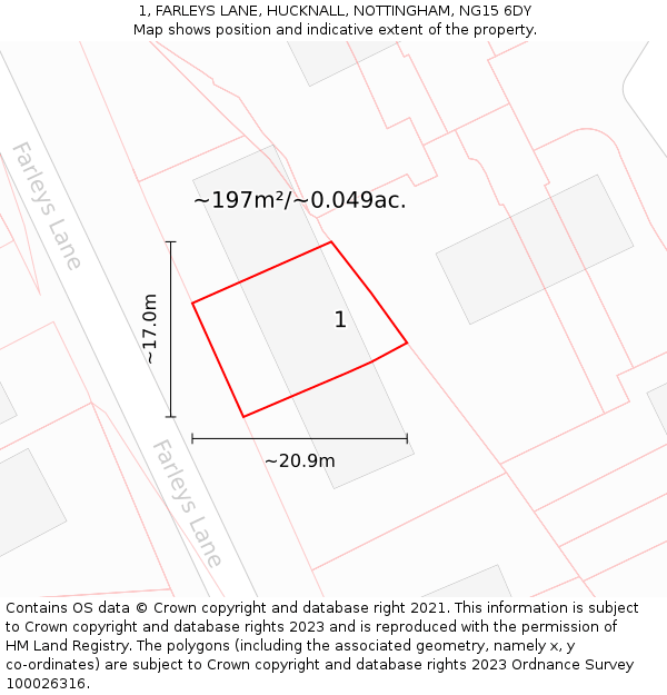 1, FARLEYS LANE, HUCKNALL, NOTTINGHAM, NG15 6DY: Plot and title map