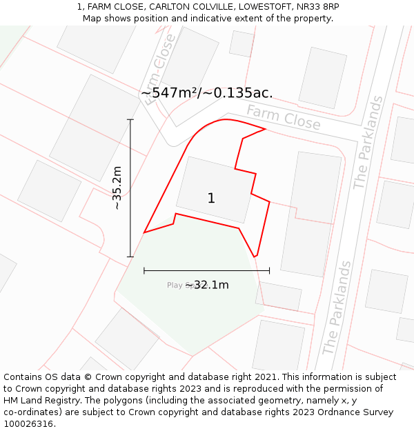 1, FARM CLOSE, CARLTON COLVILLE, LOWESTOFT, NR33 8RP: Plot and title map