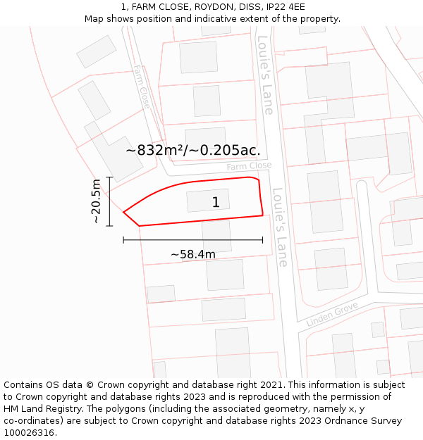 1, FARM CLOSE, ROYDON, DISS, IP22 4EE: Plot and title map