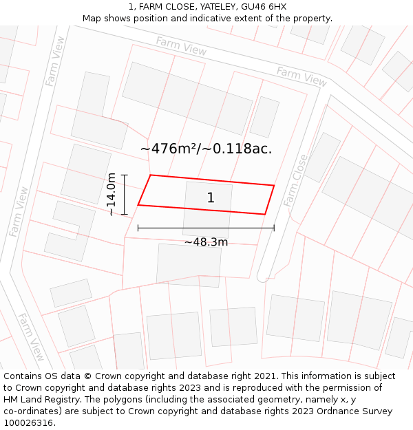 1, FARM CLOSE, YATELEY, GU46 6HX: Plot and title map