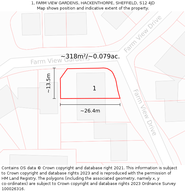 1, FARM VIEW GARDENS, HACKENTHORPE, SHEFFIELD, S12 4JD: Plot and title map