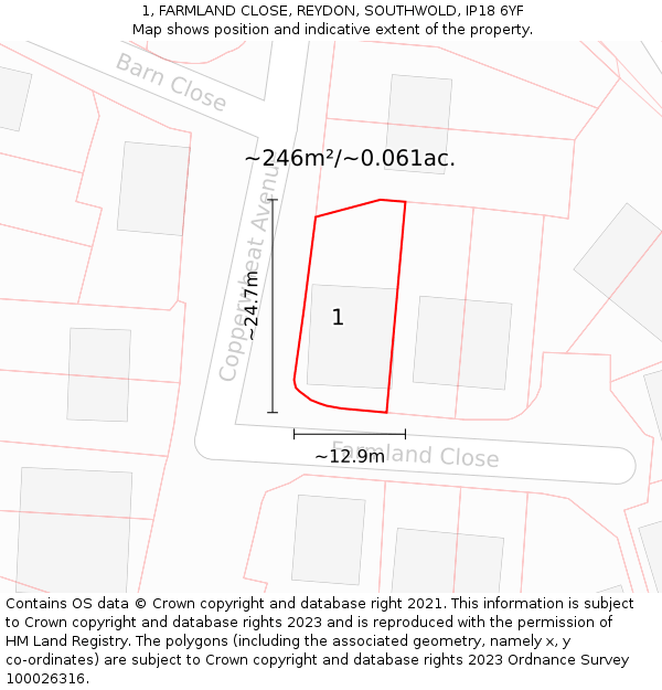 1, FARMLAND CLOSE, REYDON, SOUTHWOLD, IP18 6YF: Plot and title map