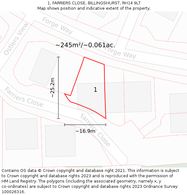 1, FARRIERS CLOSE, BILLINGSHURST, RH14 9LT: Plot and title map