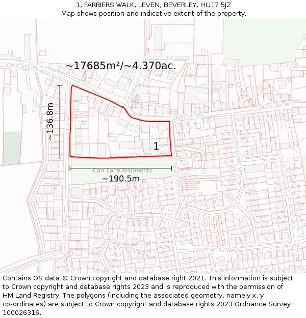 1, FARRIERS WALK, LEVEN, BEVERLEY, HU17 5JZ: Plot and title map