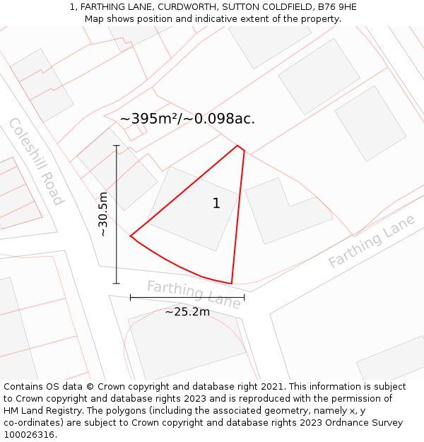 1, FARTHING LANE, CURDWORTH, SUTTON COLDFIELD, B76 9HE: Plot and title map
