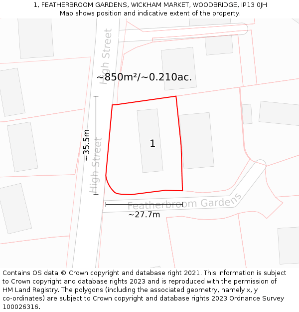 1, FEATHERBROOM GARDENS, WICKHAM MARKET, WOODBRIDGE, IP13 0JH: Plot and title map
