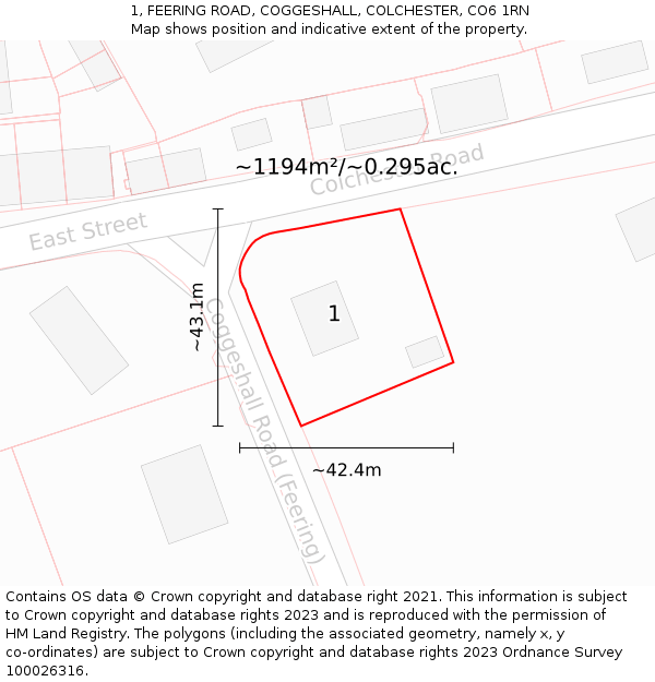 1, FEERING ROAD, COGGESHALL, COLCHESTER, CO6 1RN: Plot and title map