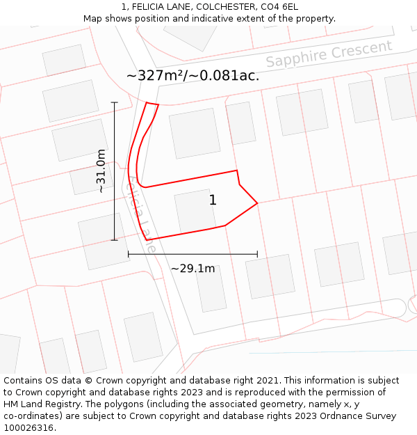 1, FELICIA LANE, COLCHESTER, CO4 6EL: Plot and title map