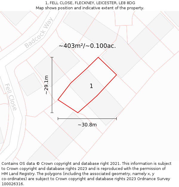1, FELL CLOSE, FLECKNEY, LEICESTER, LE8 8DG: Plot and title map