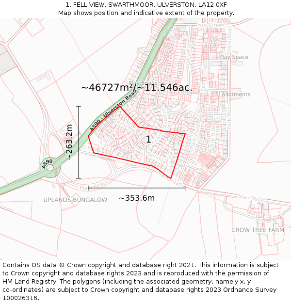 1, FELL VIEW, SWARTHMOOR, ULVERSTON, LA12 0XF: Plot and title map