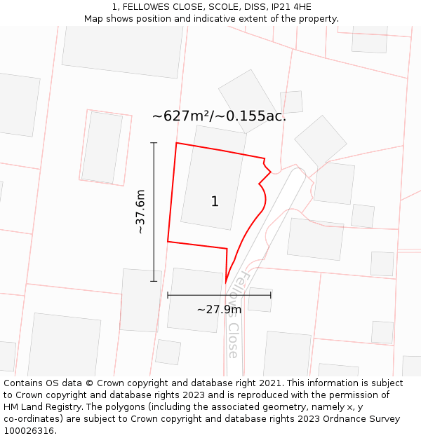1, FELLOWES CLOSE, SCOLE, DISS, IP21 4HE: Plot and title map