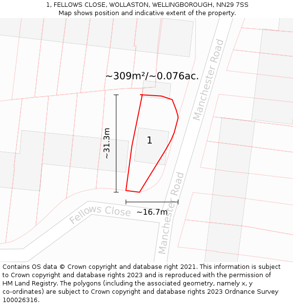 1, FELLOWS CLOSE, WOLLASTON, WELLINGBOROUGH, NN29 7SS: Plot and title map