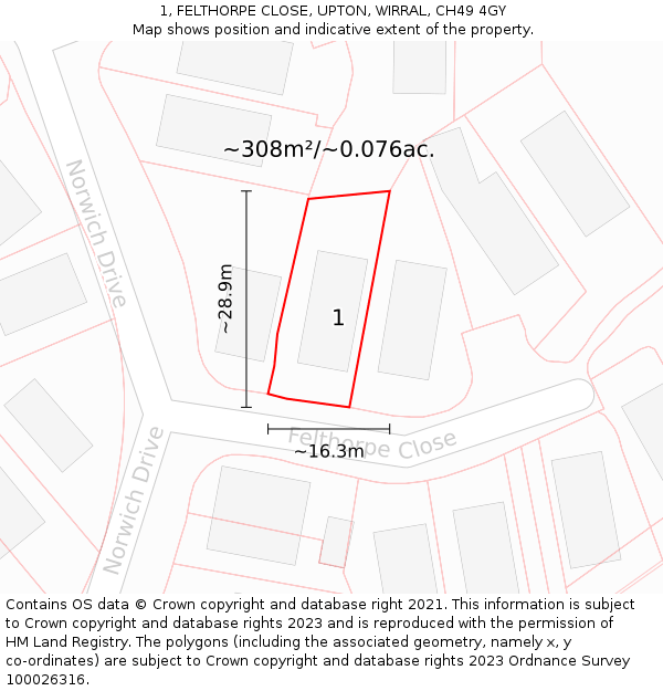 1, FELTHORPE CLOSE, UPTON, WIRRAL, CH49 4GY: Plot and title map