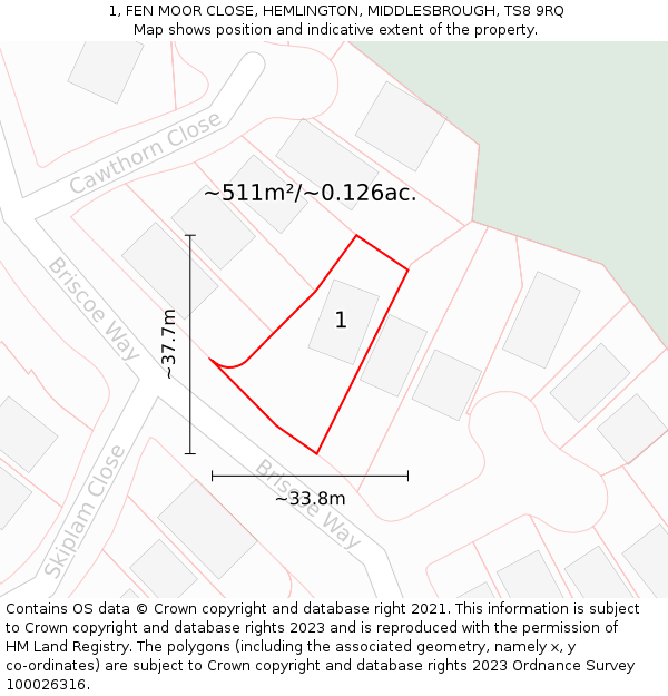 1, FEN MOOR CLOSE, HEMLINGTON, MIDDLESBROUGH, TS8 9RQ: Plot and title map