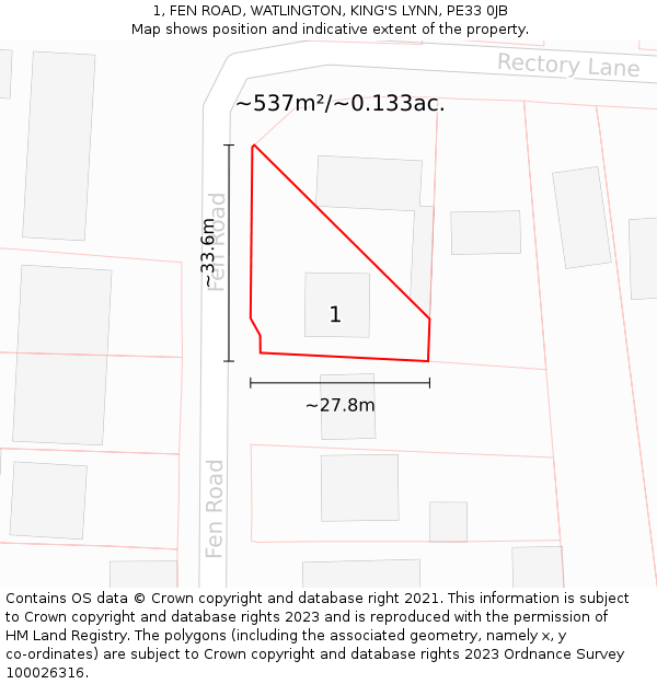 1, FEN ROAD, WATLINGTON, KING'S LYNN, PE33 0JB: Plot and title map