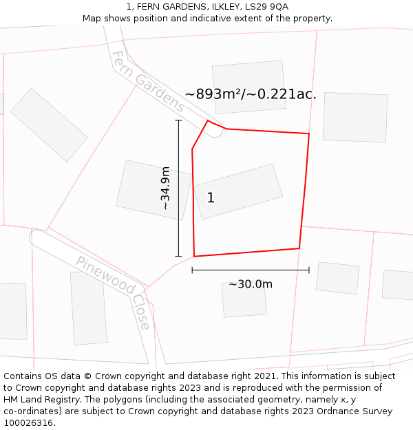 1, FERN GARDENS, ILKLEY, LS29 9QA: Plot and title map