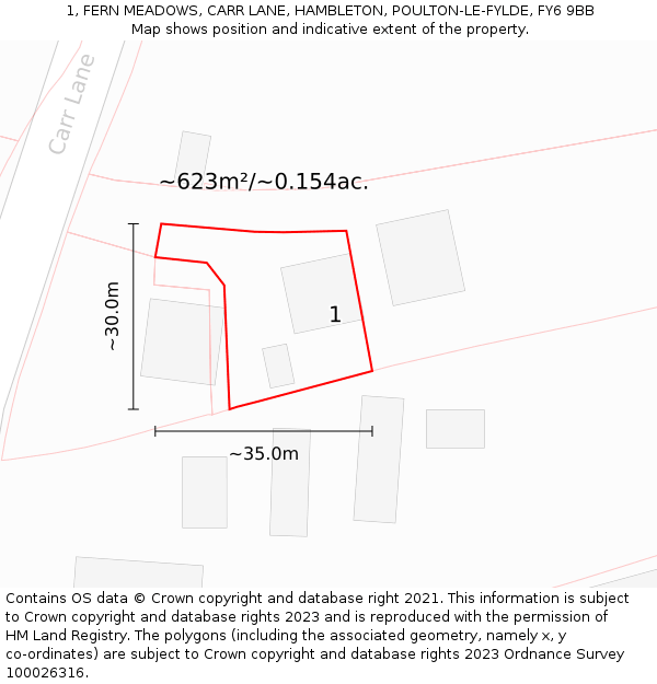 1, FERN MEADOWS, CARR LANE, HAMBLETON, POULTON-LE-FYLDE, FY6 9BB: Plot and title map