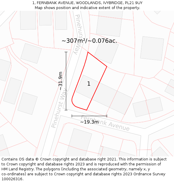 1, FERNBANK AVENUE, WOODLANDS, IVYBRIDGE, PL21 9UY: Plot and title map