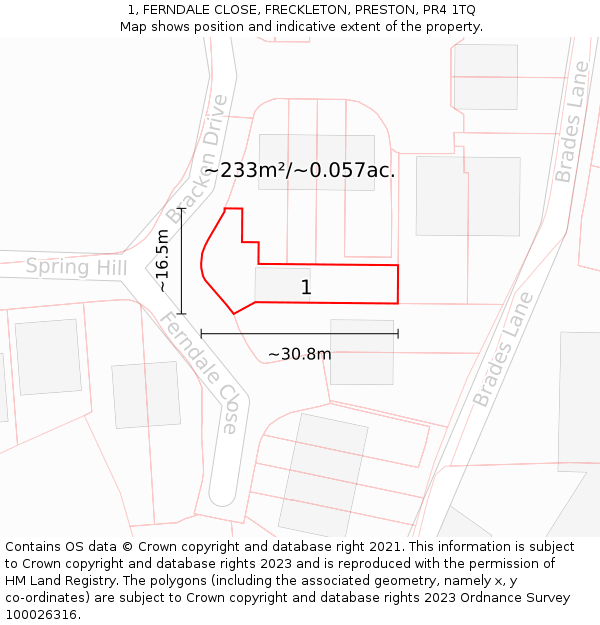 1, FERNDALE CLOSE, FRECKLETON, PRESTON, PR4 1TQ: Plot and title map